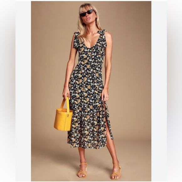 Lulus Quite a Sight Black Floral Print Tie-Strap Midi Dress - Picture 1 of 8